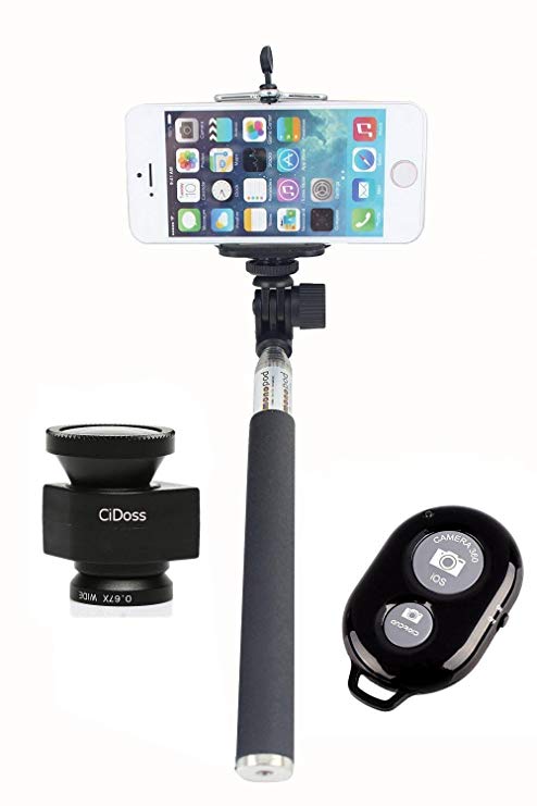 CiDoss Black 180 Degree Fish Eye Lens Wide Angle Lens Macro Lens 3-in-1 Kit Self Portrait Self Shot Monopod Selfie Stick With Phone Holder Bluetooth Remote Camera Wireless Shutter for Apple iPhone 5, iPhone 5s