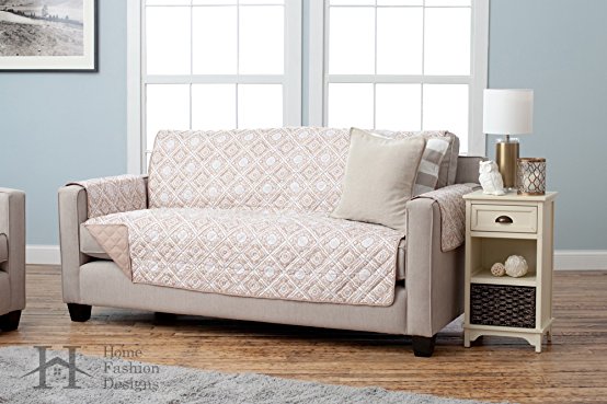 Adalyn Collection Deluxe Reversible Quilted Furniture Protector. Beautiful Print on One Side / Solid Color on the Other for Two Fresh Looks. By Home Fashion Designs Brand. (Sofa, Taupe)