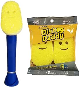 Scrub Daddy Dish Daddy Dish Wand & Refill Heads, Soap Dispensing Dish Brush, Texture Changing Washing Up Sponge With Liquid Handle, Dish Sponge with Built-in Scraper & Scrubbing Head, Drip stand, Blue