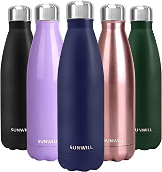 SUNWILL Water Bottle, Insulated Stainless Steel Sports Bottle 500ml, Reusable Vacuum Thermal Water Flask, Double Wall, Hot and Cold Drinks