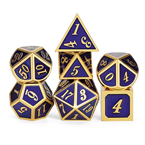 Heavy Polyhedral Metal Dice Set Metal Box, 7-die Shiny Blue Surface Golden Number RPG,Dungeons Dragons,Pathfinder,Shadowrun,D&D,Role Palying Game Math Teaching