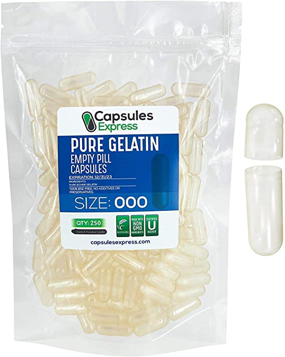 Capsules Express- Size 000 Clear Empty Gelatin Capsules 250 Count - Kosher and Halal Certified - Gluten-Free Pure Bovine Gelatin Pill Capsule - DIY Powder Filling
