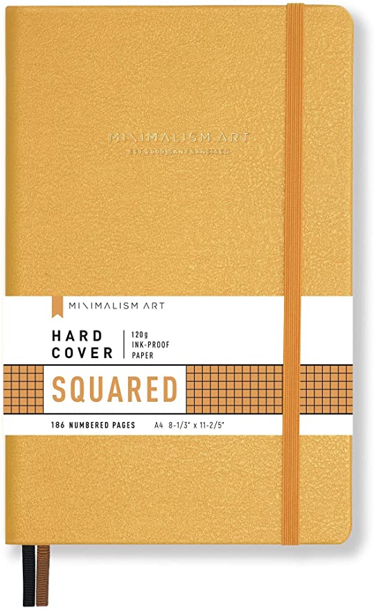 Minimalism Art, Premium Hard Cover Notebook Journal, Squared Grid Page, 186 Numbered Pages, Gusseted Pocket, Ribbon Bookmark, Extra Thick Ink-Proof Paper 120gsm, Master A4 8.3"x11.4" (X-Large, Amber)