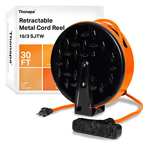 Thonapa 30 Ft Retractable Extension Cord Reel with 3 Electrical Power Outlets - 16/3 SJTW Durable Orange Cable - Perfect for Hanging from Your Garage Ceiling