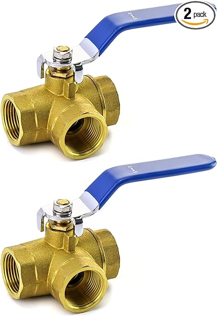 QWORK Series 3-Way (L-Port) Ball Valve - 2 Pack, Lever Handle, NPT Female (3/4'') Made of Forged Brass