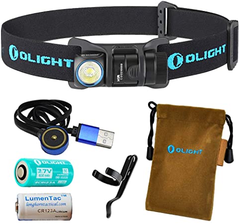 OLIGHT H1R 600 Lumens Rechargeable LED Headlamp (Choice of Three Color Headbands) w RCR123A Battery, Magnetic USB Charging Cable, and LumenTac CR123A Battery