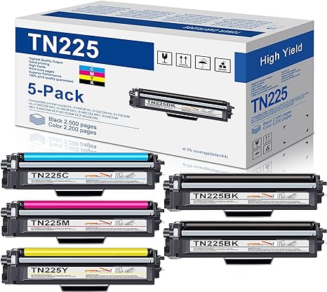 5-Pack(2BK 1C 1M 1Y) TN 225 Toner Cartridge Replacement for Brother TN225 TN-225 MFC-9130CW HL-3140CW HL-3170CDW HL-3180CDW MFC-9330CDW MFC-9340CDW Color Printer