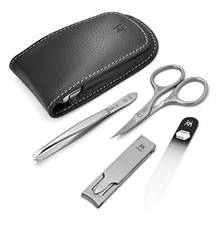 GERMANIKURE 4pc Manicure Set - Handmade in Solingen Germany, FINOX High Carbon Stainless Steel: Flat Nail Clipper, Combination Scissors, Slanted Tweezer, Czech Glass Nail file in Leather Case