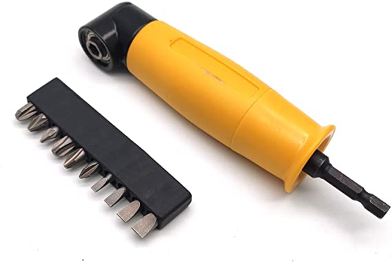 Right Angle Attachment,Susenya Hex Drill Driver Adapter Pack of 11pcs(1Pcs 1/4 Inch Shank 90° Degree Corner Angle Attachment & 10pcs Screwdriver Bits) Magnetic Bit Socket Yellow