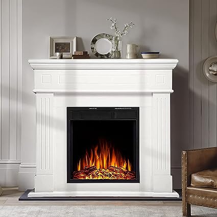 R.W.FLAME Electric Fireplace Mantel Wooden Surround Firebox, Freestanding Fireplace, Home Space Heather, Adjustable Led Flame, Remote Control,750W/1500W,Pearl White