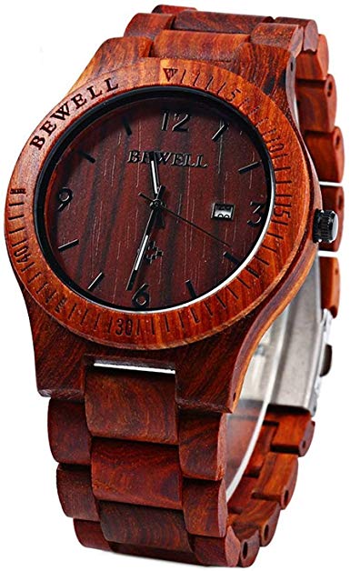 Bewell W086B Mens Wooden Watch Analog Quartz Handmade Lightweight Wood Wrist Watch