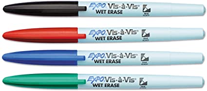Expo Vis-a-Vis Wet-Erase Marker, Fine Point, 4-Color Set (SAN16074)