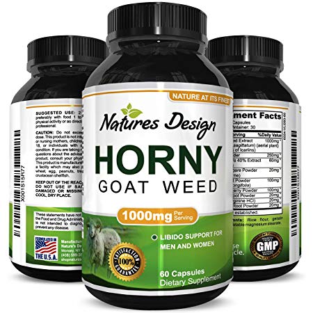 Horny Goat Weed Herbal Complex Extract for Men and Women  Ginseng 100 Maca Root Tongkat Ali Powder  60 1000mg Optimum Dosage Capsules  Energy Stamina Performance  USA Made by Natures Design