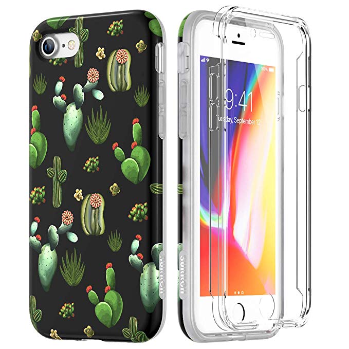 SURITCH Cartoon iPhone 8 Case/iPhone 7 Case, [Built-in Screen Protector] Full-Body Protection Hard PC Bumper   Glossy Soft TPU Rubber Gel Shockproof Cover Compatible with Apple 7/8- Green Cactus