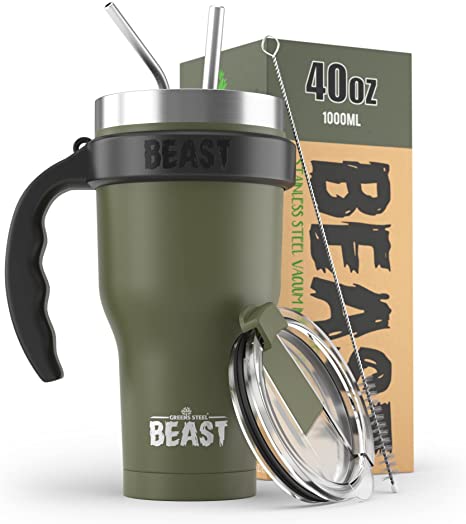BEAST 40 oz Army Green Tumbler Set with Handle - Stainless Steel Coffee Cup   2 Straws Brush, Gift Box & Black Handle