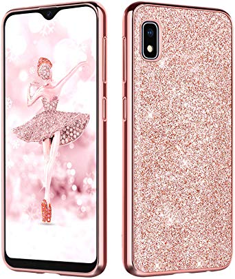 Galaxy A10e Case,Samsung A10e Cases Slim,DUEDUE Sparkly Glitter Bling Slim Hybrid Hard PC Cover Anti-Slip Luxury PU Leather Shockproof Full Protective Phone Case for Samsung Galaxy A10e for Women/Girls,Rose Gold