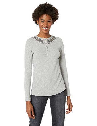 Chaps Women's Solid Long Sleeve Beaded Cotton Henley