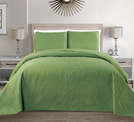 Mk Collection 3 pc Solid Embossed Bedspread Bed-cover Over size Sage Green New King/California King Over Size 118"x106"