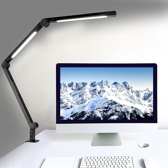 vimeepro LED Desk Lamp with Clamp Flexible 3 Sections Swing Arm 2 Light Sources Desk Light, 4 Color Modes & 5 Brightness, Eye Caring Led Table Light with Memory Function for Table Lamps for Office