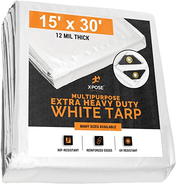 Heavy Duty White Poly Tarp 15' x 30'Multipurpose Protective Cover - Durable, Waterproof, Weather Proof, Rip and Tear Resistant - Extra Thick 12 Mil Polyethylene - by Xpose Safety