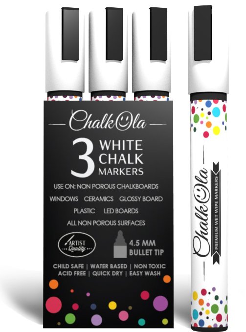 White Chalk Pens - Set of 3 bold markers Used on Chalkboard Windows Labels Cafe Water based wet wipe erasable paint pen - 45 mm Bullet Tip