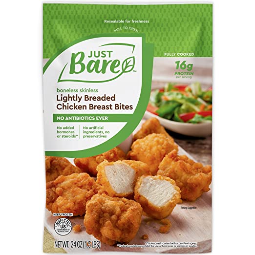 Just BARE Chicken Lightly Breaded Breast Bites Fully Cooked 16 G Protein Frozen 1.50 LB, 24 Ounce