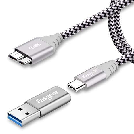 Fasgear [1ft] Micro B to USB Cord, Divided into USB 3.0 to Type C Female Adapter and USB C to Micro B Nylon Braided Cable Fast Charge Sync Compatible with Galaxy S5 S3, Toshiba and More (Gray, 1ft)