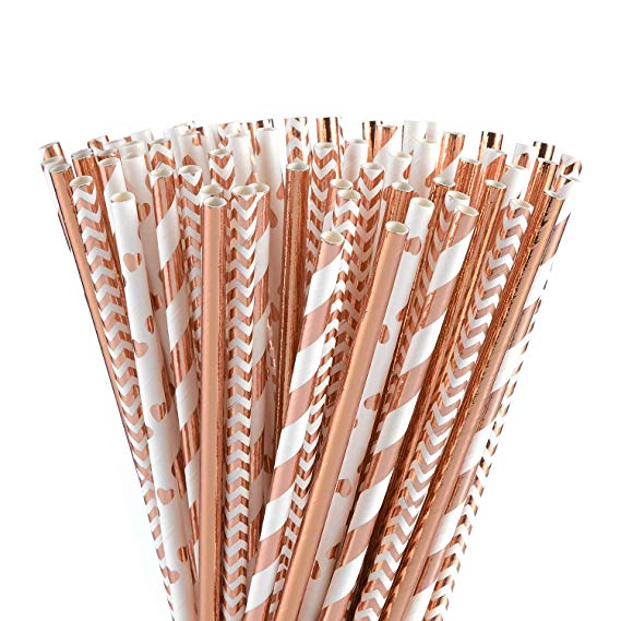 ALINK Biodegradable Rose Gold Paper Straws Bulk, Pack of 100 Metallic Foil Striped/Wave/Heart Straws for Birthday, Wedding, Bridal/Baby Shower, Celebrations and Party Supplies
