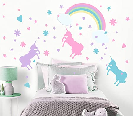 Create-A-Mural Unicorn Wall Decal Girls Room Wall Decor Art n' Rainbow & Clouds [102 Piece Set] Decoration for Kids Room Walls -Toddlers Unicorn Gifts for Girls Nursery Vinyl Wall Clings