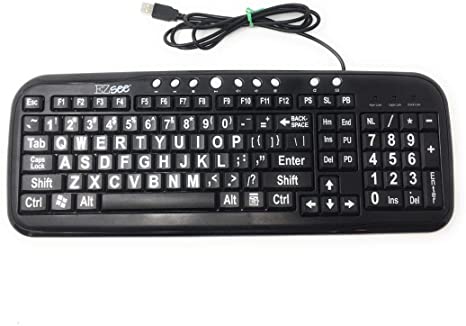 EZsee by DC Large Print English USB Wired Computer Keyboard with White Jumbo Oversized Letters on Black Keys