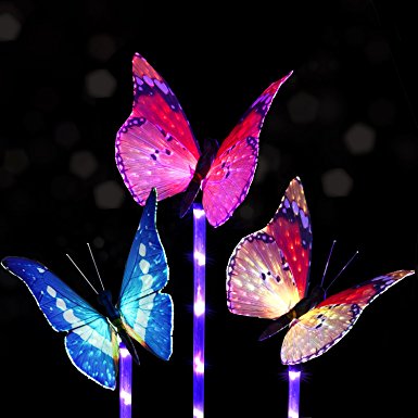 Solarmart Outdoor Garden Solar Lights - 3 Pack Fiber Optic Butterfly Solar Powered Lights, Color Changing LED Solar Stake Lights, with a Purple LED Light Stake for Garden, Patio, Backyard