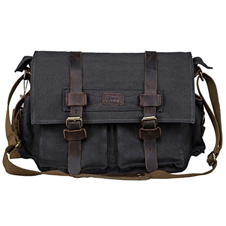 S-ZONE Vintage Canvas Leather Trim DSLR SLR Camera Shoulder Messenger Bag (Black)