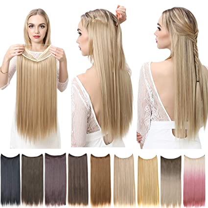Straight Halo Hair Extension Black Hair Piece Secret Hairpieces For Women Invisible Transparent Wire Crown Headband Fake Flip Synthetic 16" SARLA 3.6oz