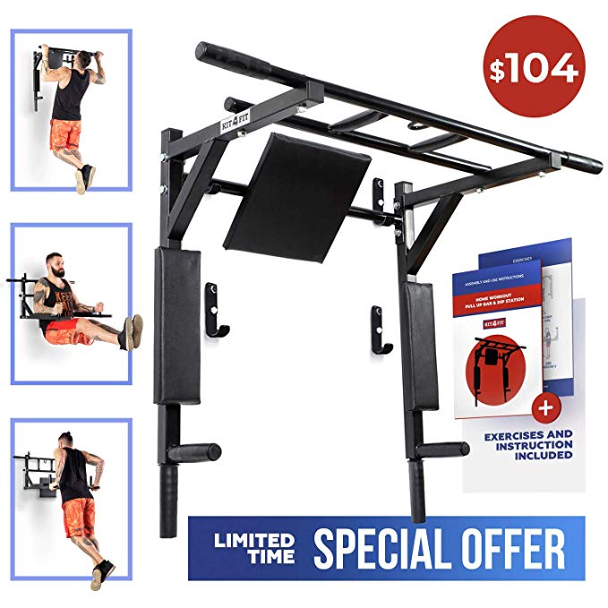 Wall Mounted Pull Up Bar and Dip Station with Vertical Knee Raise Station Dip Stand Bars Limited TIME Special Price Indoor Home Exercise Equipment for Men Woman and Kids Great for Workout and Fitness
