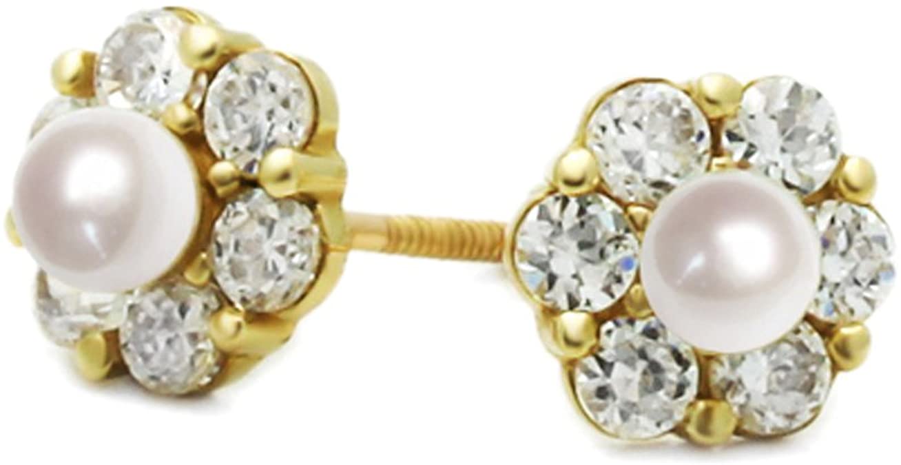 14K Yellow Gold 3mm Round Freshwater Cultured Pearl CZ Cluster Flower Screwback Stud Earrings