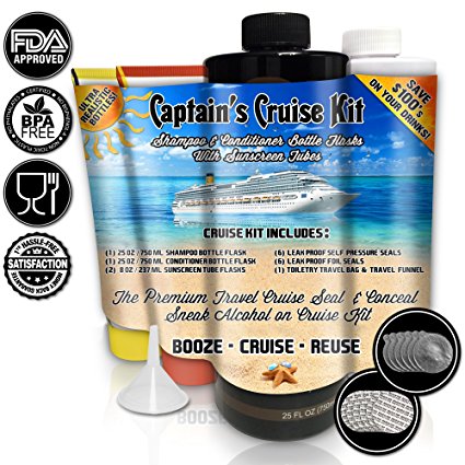 Captain's Cruise Kit With Shampoo & Conditioner Bottle Flasks   2 Sunscreen Tube Flasks (66oz Total) - Premium Sneak Alcohol On Cruise Set - Rum Runner Take Liquor Booze Anywhere Containers