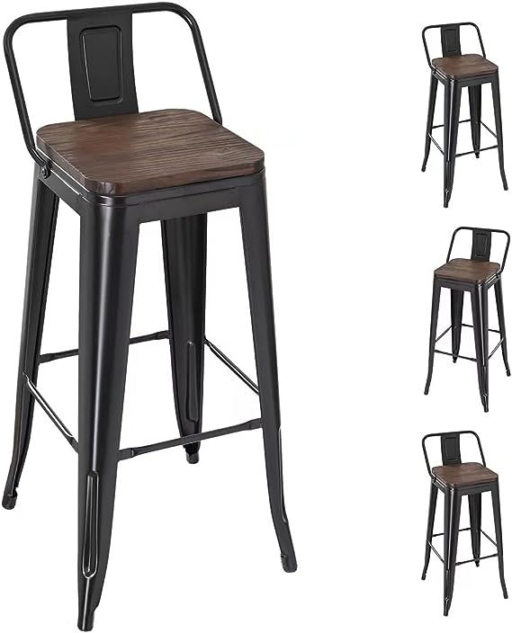 30 Inch Metal Bar Stools Counter Height Stools Set of 4 Matte Black with Wood Seat/Top Bar Height Stools with Back, Dinning Stools Pub Stools for Bar Home Kitchen Restaurant Bistro Cafe Trattoria