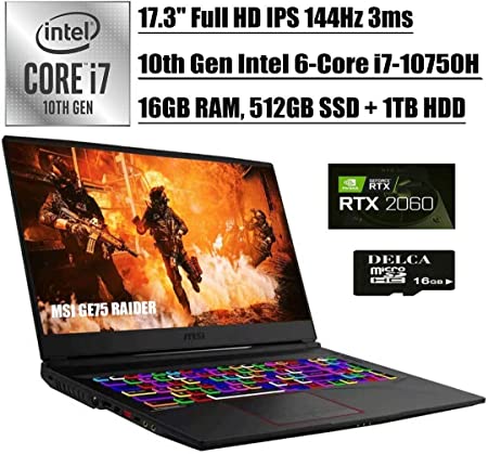 MSI GE75 Raider 2020 Premium Gaming Laptop I 17.3" FHD IPS 144Hz I 10th Gen Intel Hexa-Core i7-10750H I 16GB DDR4 512GB SSD   1TB HDD I 6GB RTX 2060 RGB Backlit KB Win 10   Delca 16GB Micro SD Card