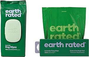 Earth Rated Dog Walking Essentials Bundle - Includes 300 Dog Waste Bags on Single Bulk Roll and 100 Dog Grooming Wipes, Lavender-Scented