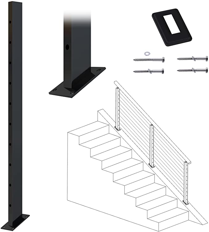 Muzata Cable Railing Post Slope Stair Angle Rectangle Weldless 36"x1"x2" Stainless Steel Black Powder Coated Pre-Drilled Posts PR11 BA4S