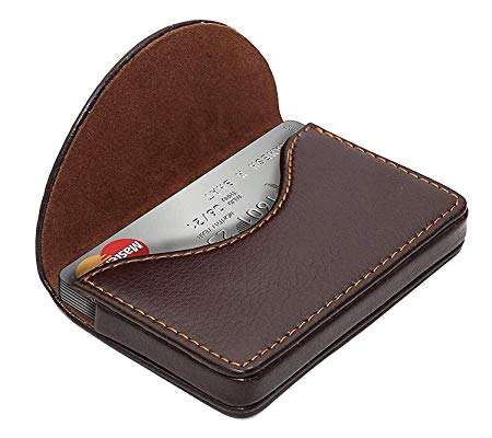 NISUN Leather Pocket Sized Credit Card Holder Name Card Case Wallet with Magnetic Shut for Men & Women Brown