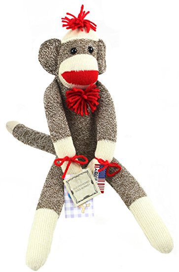 The Original Sock Monkey – Featuring Classic Button Eyes, Pom Pom Hat, and Poof Ball Necktie – Measures 19 Inches Tall – Made in the USA
