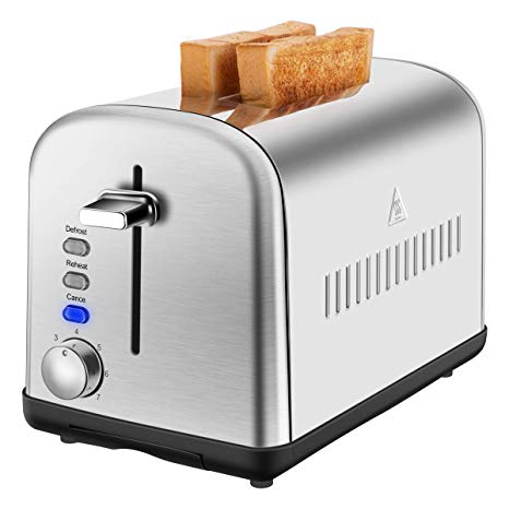 2 Slice Toaster, CUSIBOX Stainless Steel Toasters with Extra-Wide Slots, Defrost/Reheat/Cancel Function, 7 Browning Dials and Removable Crumb Tray