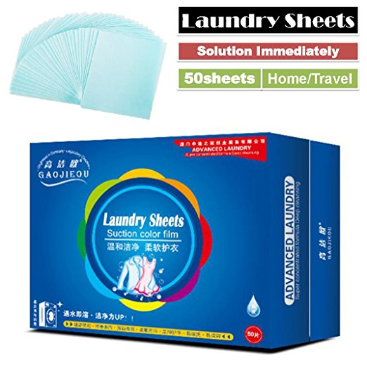 Tonelife 50 Count Travel Laundry Sheets Detergent - (4 in 1) Scented Nano Technology Super Condensed Laundry Detergent Sheets, Stain Remover- Fabric Softener and Static Guard,English Manual