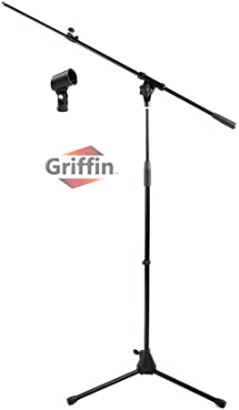 Microphone Stand with Telescoping Boom and Mic Clip Package by Griffin | Tripod Premium Quality for Studio, Karaoke, Live Performances, Conferences | Portable with Collapsible Legs & Removable Arm