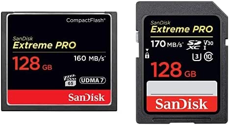 SanDisk Extreme PRO 128GB CompactFlash Memory Card UDMA 7 Speed Up to 160MB/s- SDCFXPS-128G-X46 & 128GB Extreme PRO SDXC UHS-I Card - C10, U3, V30, 4K UHD, SD Card - SDSDXXY-128G-GN4IN