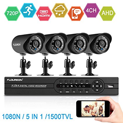 FLOUREON 4CH DVR Home Security System 1080N AHD DVR   4 X Outdoor 1500TVL 720P Bullet Security Surveillance Cameras Night Version (4CH 1500TVL)