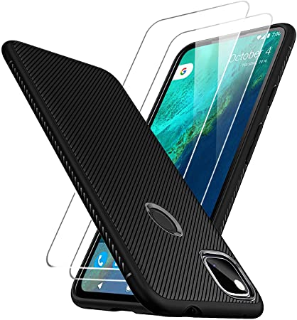 Thinkart Google Pixel 4a Case,Pixel 4A Case with Tempered Glass Screen Protector [ Two Packs ] Resistant Anti Slip Grippy Soft TPU Case for Google Pixel 4A Phone (Black)