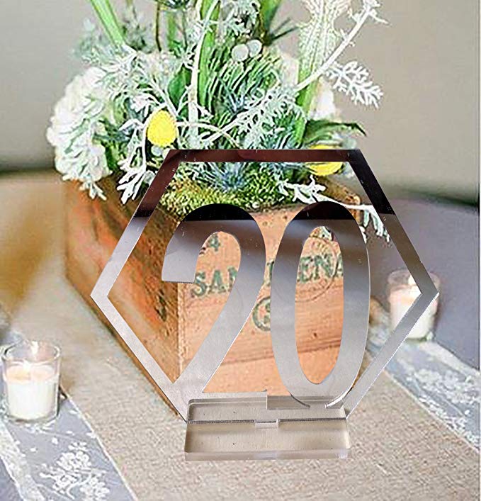 Fashionclubs Table Numbers, 1-20 Wedding Acrylic Table Numbers with Holder Base Party Card Table Holder,Hexagon Shape,Perfect for Wedding Reception and Decoration (Silver)