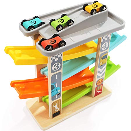 TOP BRIGHT Car Toys for 1 2 Year Olds Toddler Games Boy Gifts - Car Ramp Race Track Vehicle Playsets with 4 Wooden Cars & Garage